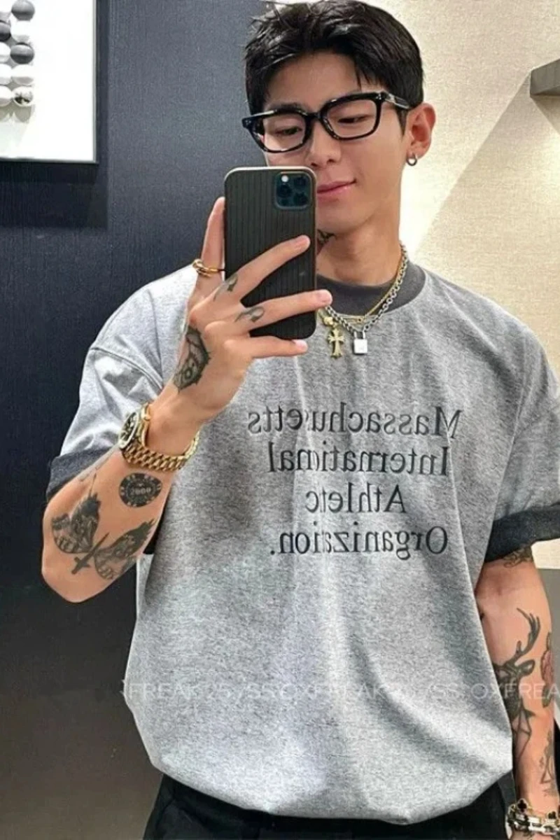 Men's Gray Short Sleeve T-Shirt with Reversed Letter Print Casual Round Neck Tee for Daily Wear Breathable Comfort Fit