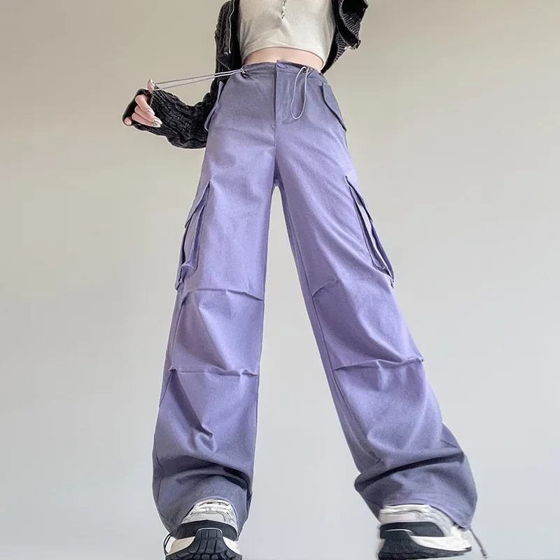 Women Purple High Waist Cargo Pants Vintage Fashion Leisure Straight Wide Leg Pants Street Female 2025 Trouser