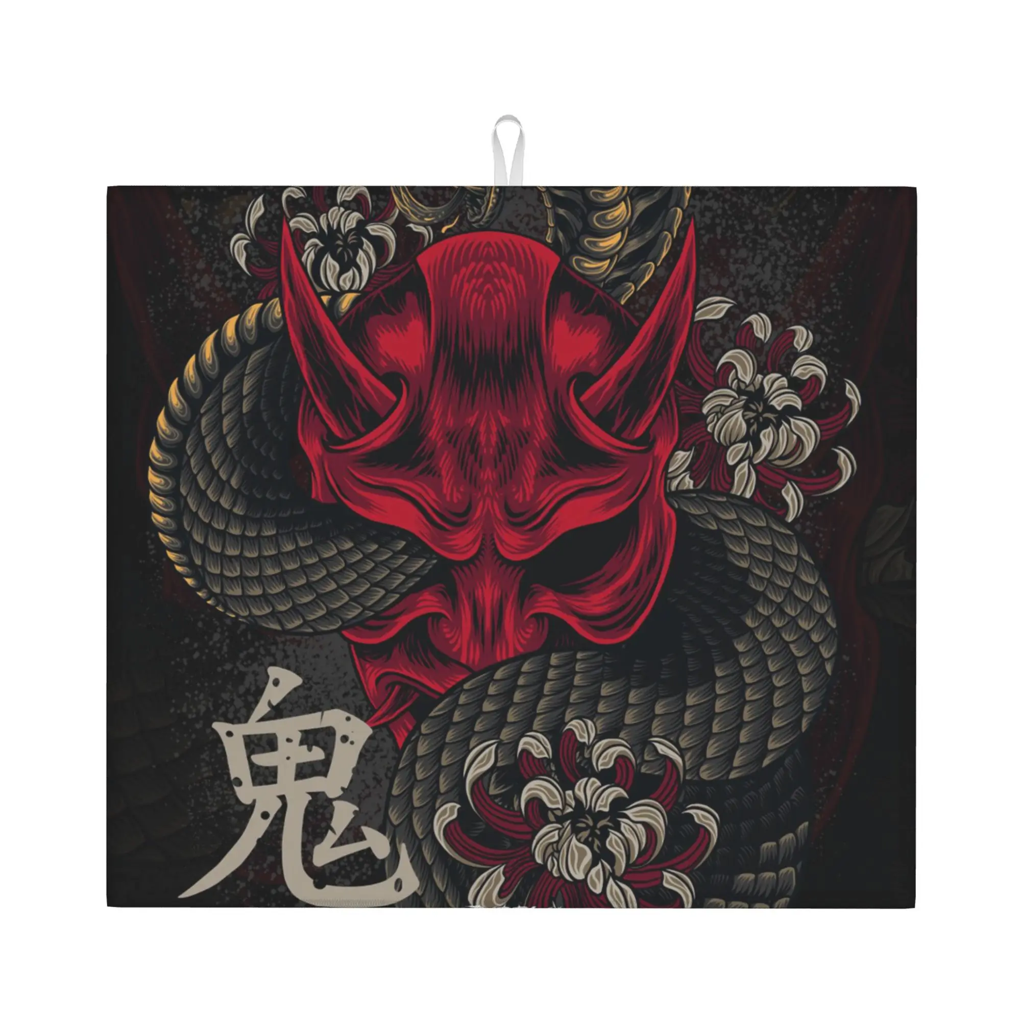 Drying Mat For Kitchen Japanese Style Oni Mask Art Water Absorbent Waterproof Reusable  On Slip Kitchen Counter Protector Mat