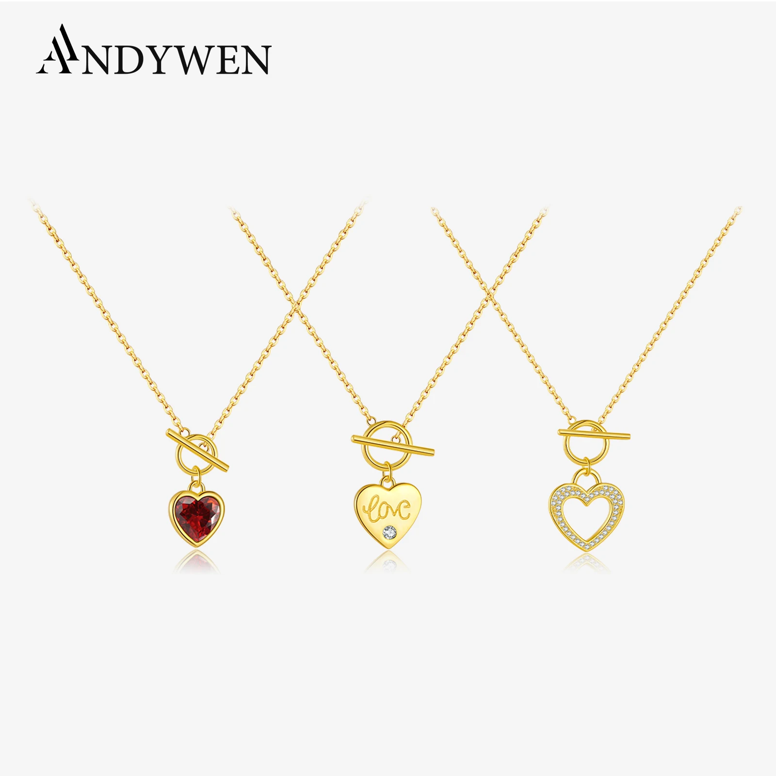 

ANDYWEN 925 Sterling Silver Love Circle Bar Heart Pendant Necklace Set with Zircon 2025 Romantic Valentine Wedding Jewelry