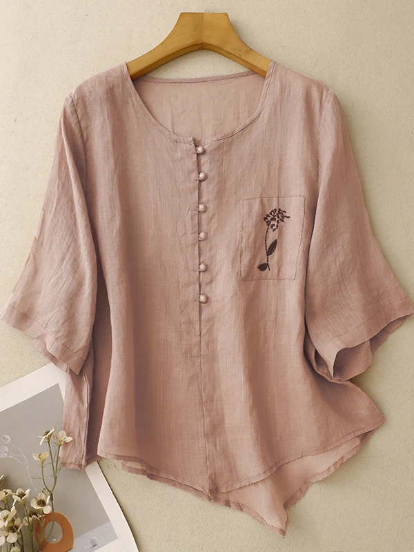 تي شيرت نسائي مطرز خفيف الوزن وجيد التهوية من القطن والكتان مقاس كبير or Sve بأزرار دائرية Ne كاجوال