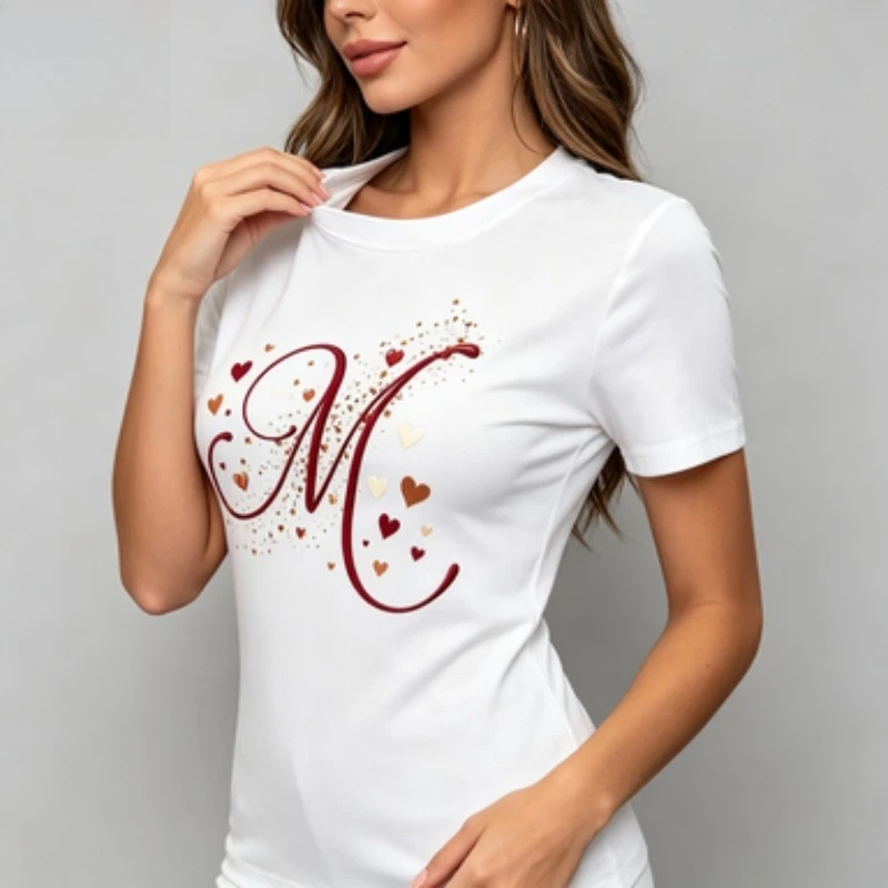Female Summer Crew Neck Modal T‑Shirt, Romantic Initial Letter M Motif Graphic Tee Heart Ornament Casual Ladies Outfit
