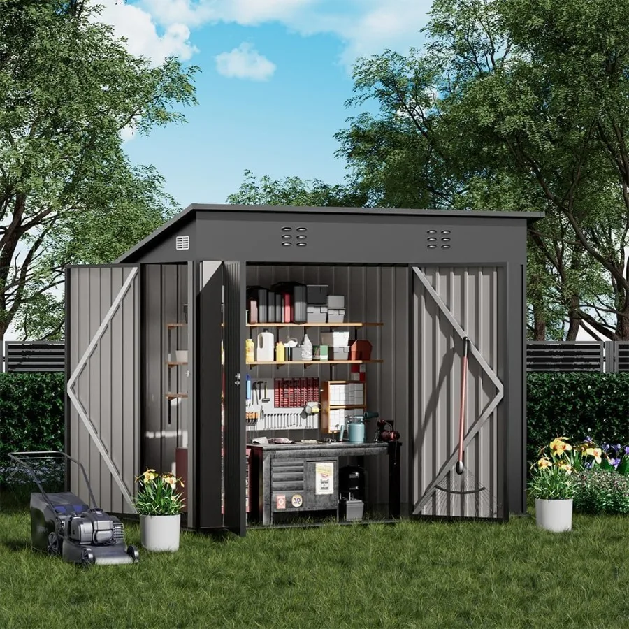 Outdoor Storage Shed For Garden Tools Utility Use Metal Construction Gray Durable Rust-Resistant Finish