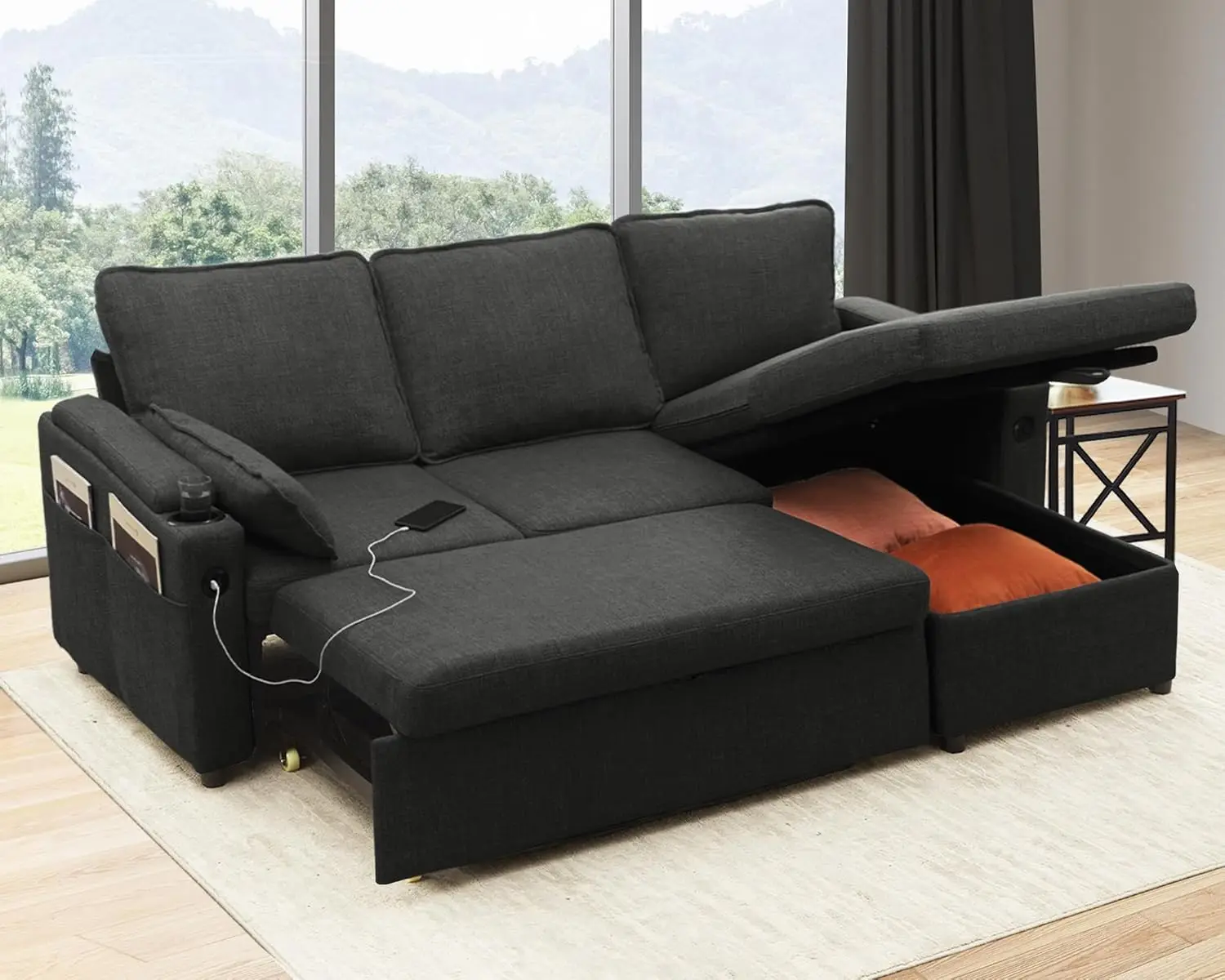 

Pull out 2-in-1 split sleeper sofa with storage, USB, cup holder, and apartment living room pull-out split sofa (dark gray)