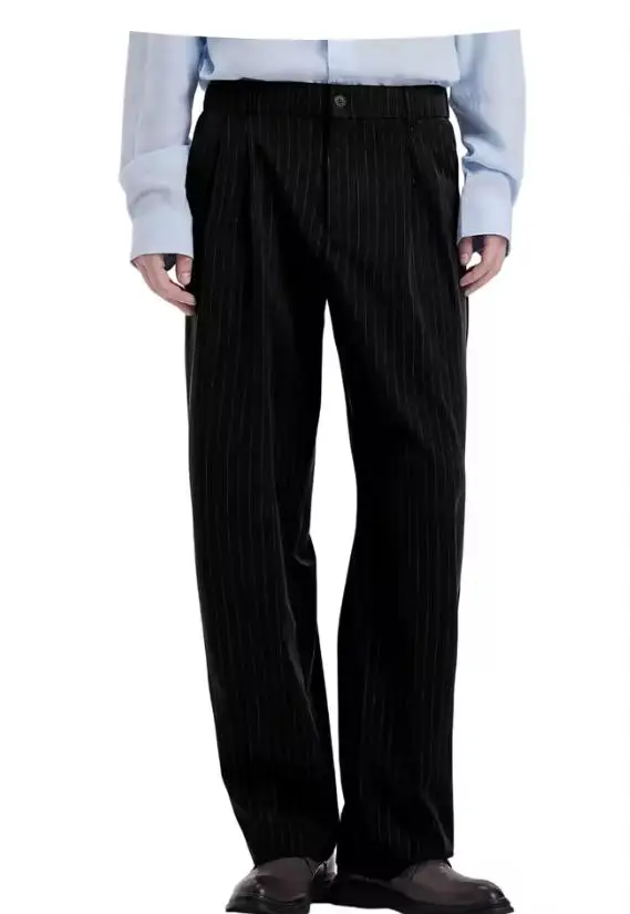 Stripe Men's Pants Slant Pockets Pleated Wide Leg High Waist Loose Fit Button Fly Business Casual Daily Office All-Match Trouser
