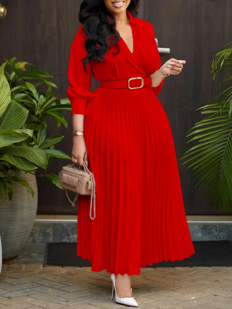 Spring New European American Solid Color Long Dress Women Three Quarter Sleeved V-Neck Folds Dresses With Belt Vestidos Largos