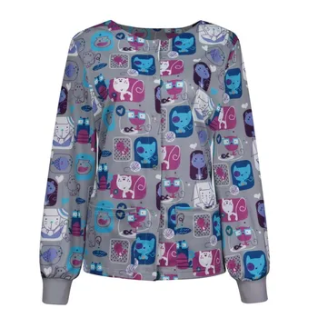 Kadınlar baskılı hemşire üniforması uzun kollu scsleeved üst O boyun tek göğüslü güzellik salonu iş üniformaları doktor cerrahi üst gömlek