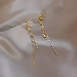 2024 New South Korean Light Luxury Bow Zircon Tassel Earrings For A Woman With Two Simple And Sweet Earrings Temperament