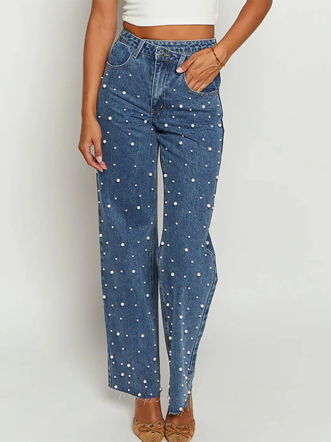 2025 Slanted Waist Cross Retro Bead Straight Rough Edge Denim Trousers European and American Women's Clothing