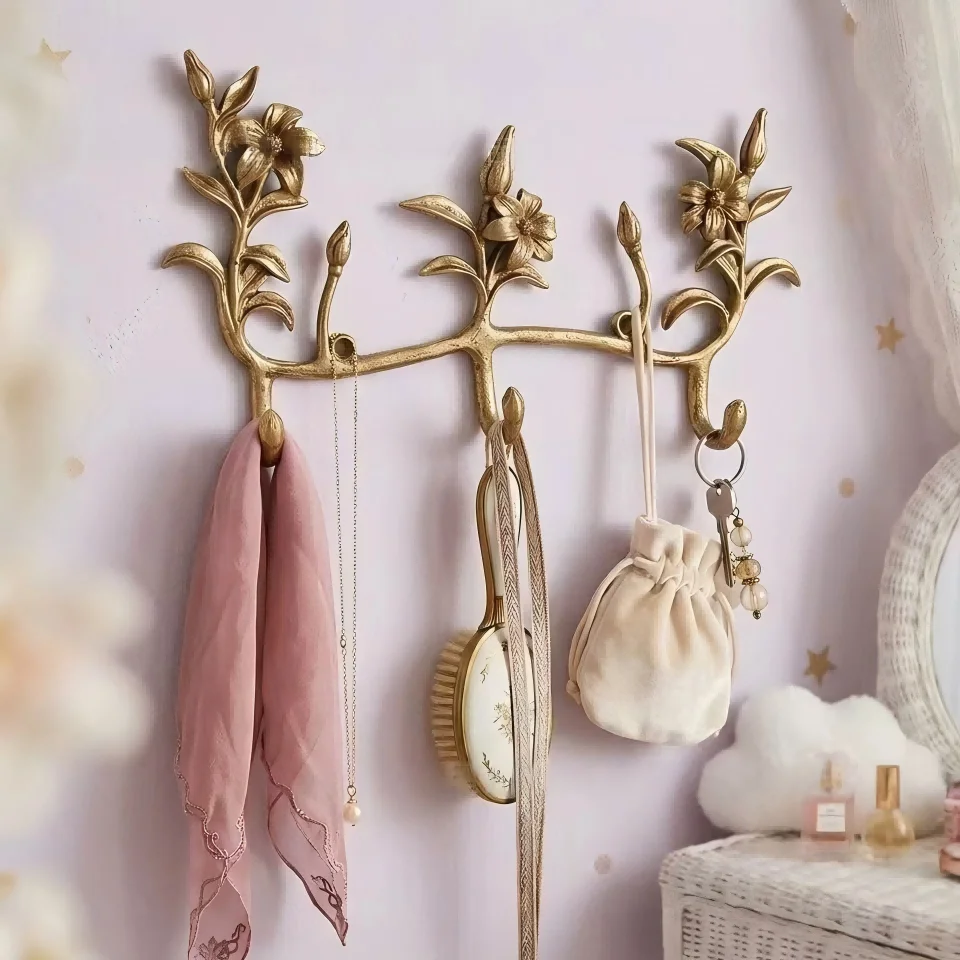 Vintage Antique Gold Floral Branch Wall Hooks, Bird Flower Decorative Hanger for Jewelry Keys Scarves Bags