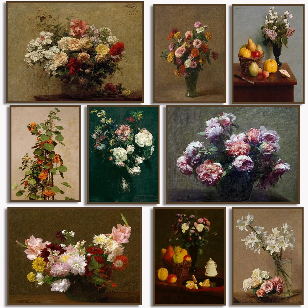Vintage Henri Fantin-Latour flores pinturas en lienzo francés cartel Rosa Floral planta hoja fruta impresión cuadros De pared hogar De