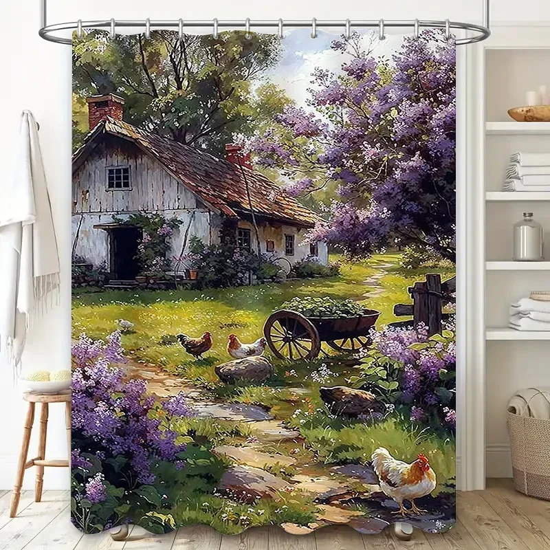 ~O~Rustic Cottage with Chickens and Flowers Waterproof Shower Curtain Heat Resistant Machine Washable Non-Transparent 180x180cm