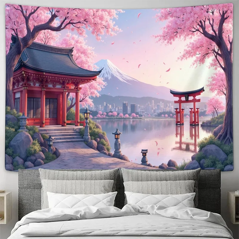 Japanese Cherry Blossom Temple Mount Fuji Lake Torii Gate Wall Tapestry Machine Washable All SeasonOriental LandscapeDesign Home