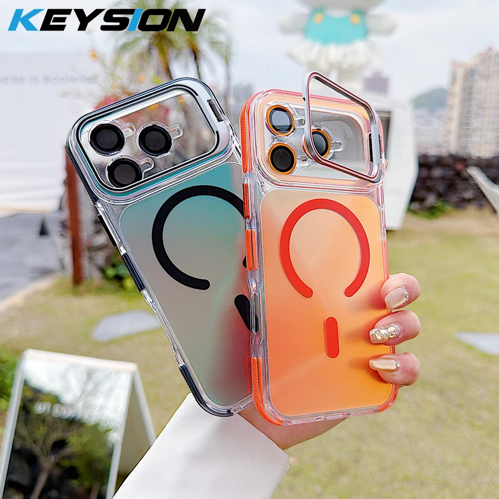 

KEYSION Laser Gradient Magnetic Case for MagSafe for iPhone 11 12 13 14 15 17 Pro Max 16Plus Air 17e Lens Stand Shockproof Cover