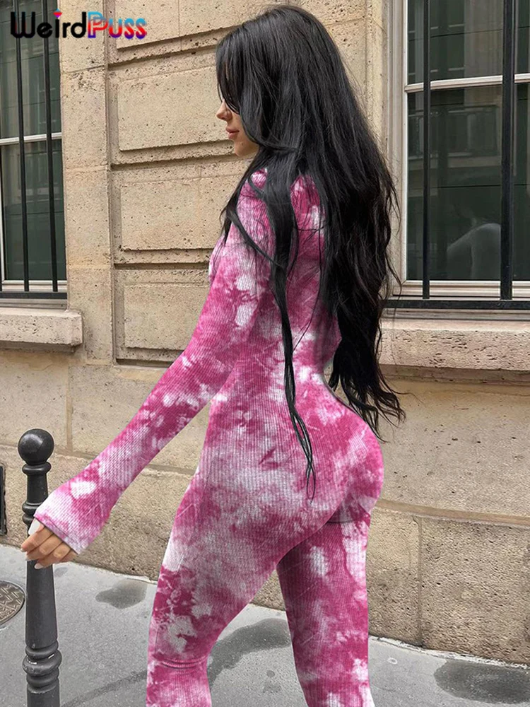 Weird Puss Ribbed Tie-dye Jumpsuit Women Autumn Irregular Print Sporty O-neck Full Sleeve Daily Skinny Casual Trend Streetwear