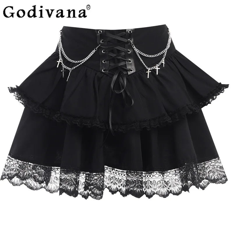 

Personalized Punk Lace-up Chain Sexy Lace Cake Skirt Summer New Sweet Cool Girl Gothic A-line High Waist Versatile Black Skirts