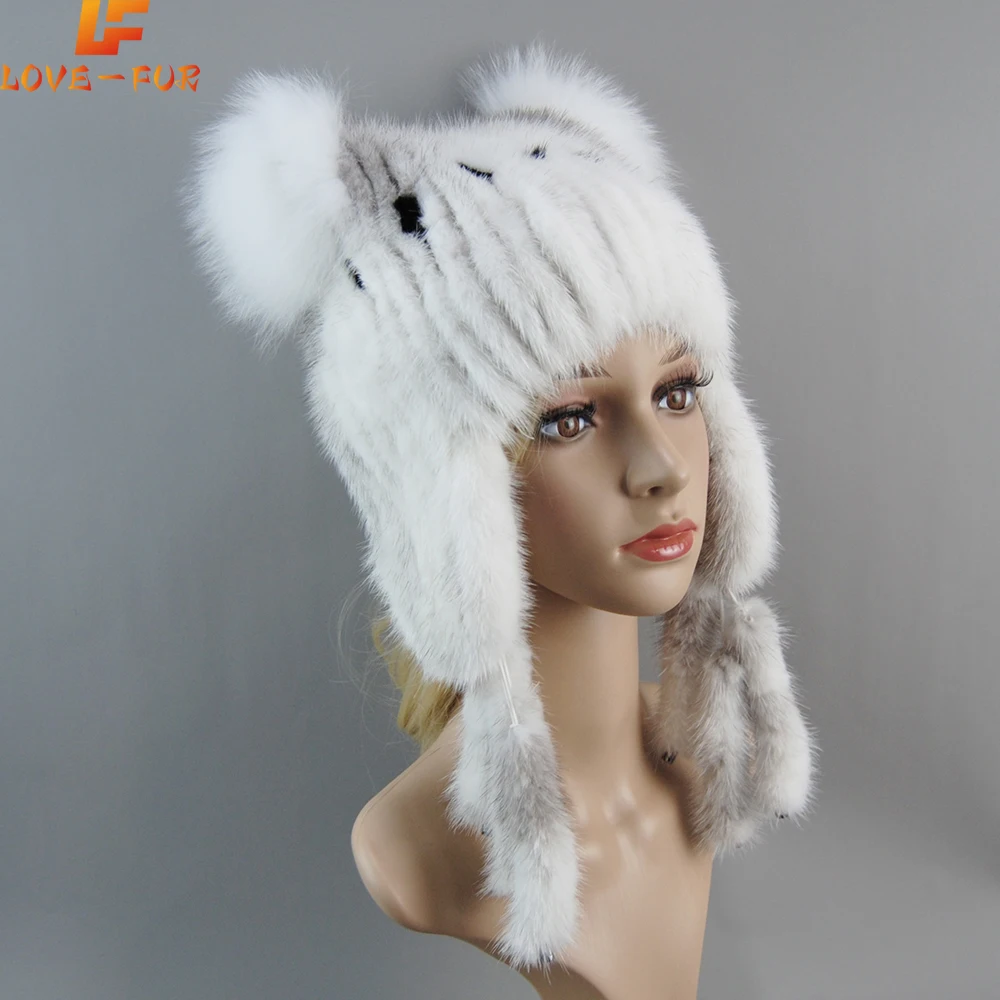 

2024 New Style Women Real Fur Knitted Beanie Hats Real Mink Fur Hats For Women Natural Mink Fur Tails Earflap Winter Bomber Hat