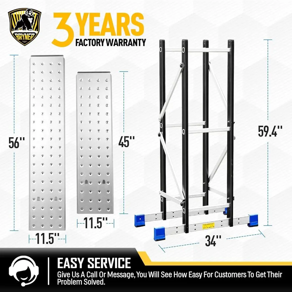 تعمل مع سلم قابل للطي 7 في 1 متعدد الأغراض بطول 19.6 قدمًا، ورف داعم ومنصة عمل صواني فولاذية