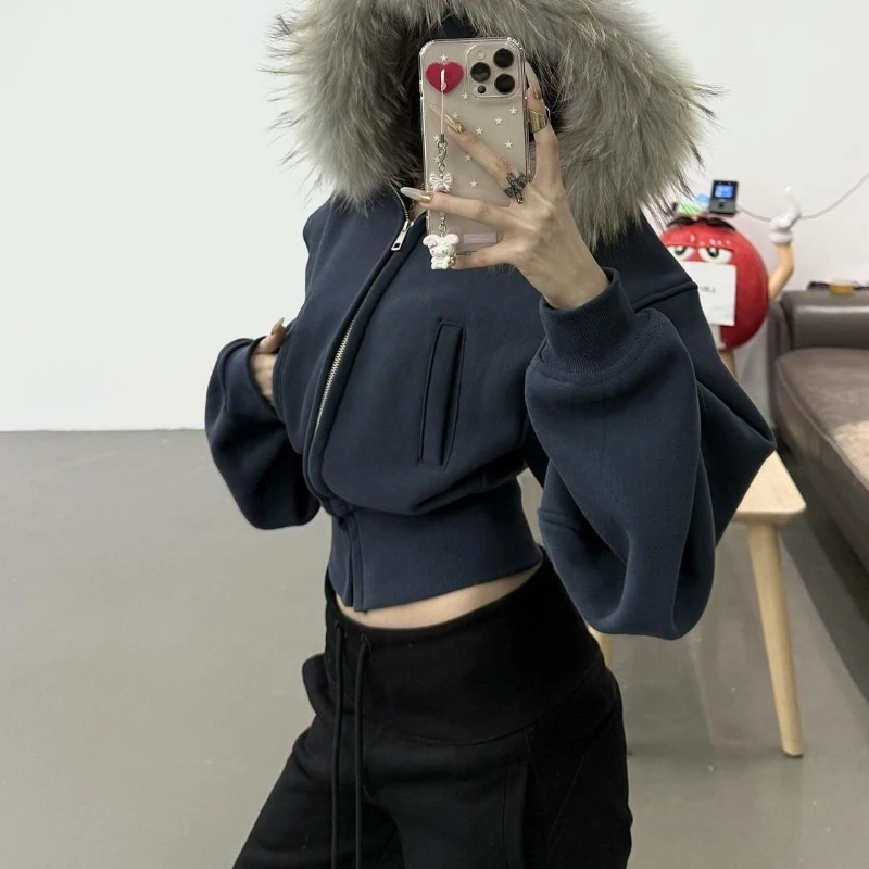 

Deeptown Vintage Fur Collar Zipper Hoodies Women Harajuku Fashion Crop Hooded Sweatshirt Korean Style Casual High Street Hoodies