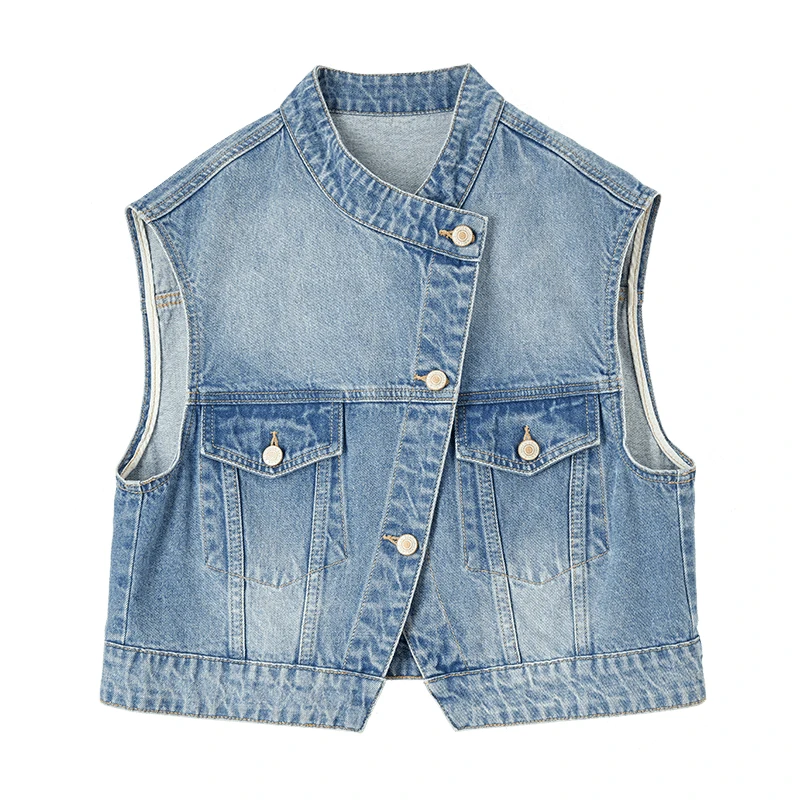 SENTUBILA Denim Vest V-neck Waistcoat 100% Cotton Single-Breasted for Women Clothing Sleeveless Jackets Woman Clothes W41J53843