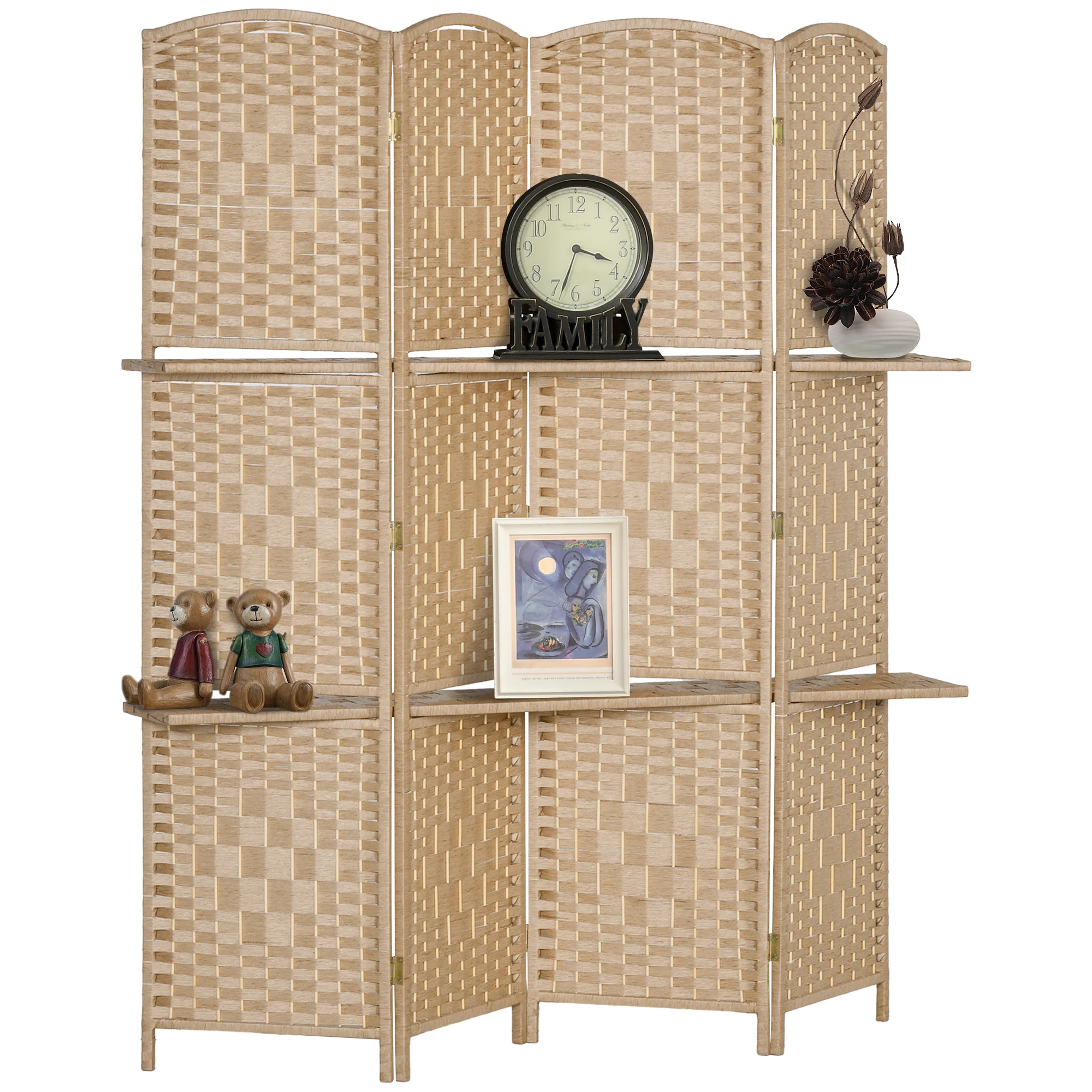 HOMCOM Paravent séparateur de pièce 4 panneaux 160 x170 cm avec 2 étagères, pliable, en bois