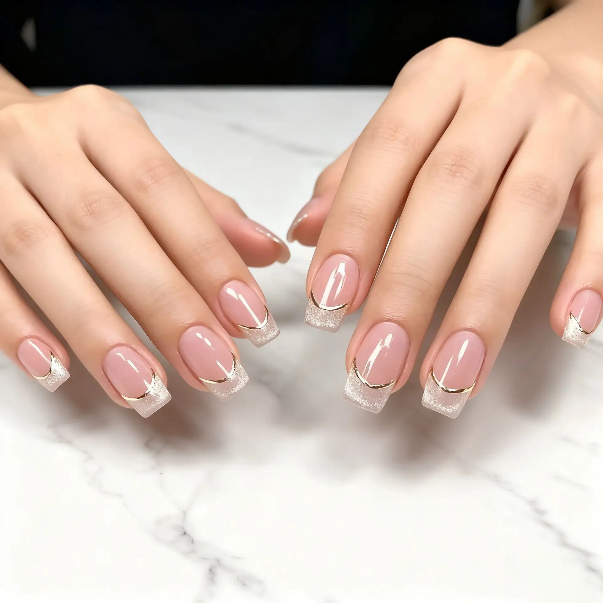 2026 New Simple 24-Piece Nail Art, Nude Color, High-End Fashion, French Style, Sheer Cat Eye Rectangular Wearable Nail Tips