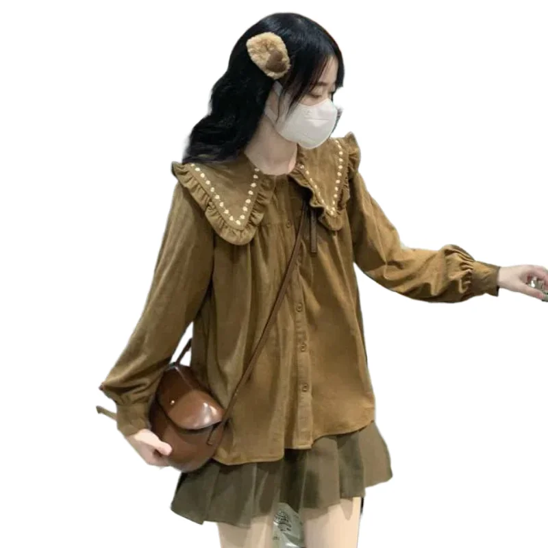 New French Retro Japanese Embroidered Wood Ear Border Doll Collar Shirt Women's Single Breasted Corduroy Top
