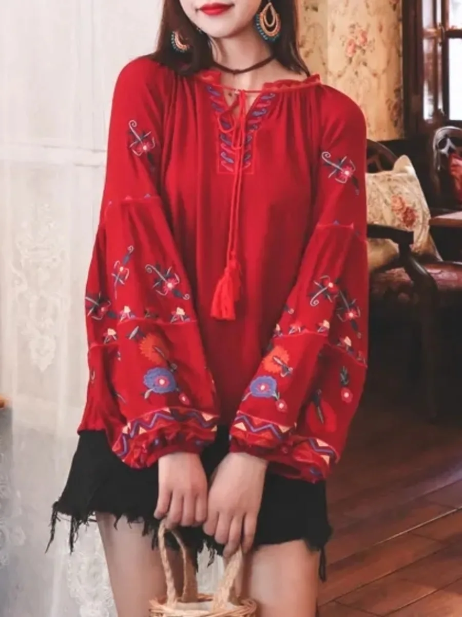 Bohemian Floral Embroidery Chic Bouse Women Tassel Beach Kimono Holiday Vintage Shirt Long Sleeve Loose Boho Shirts Blusas Top