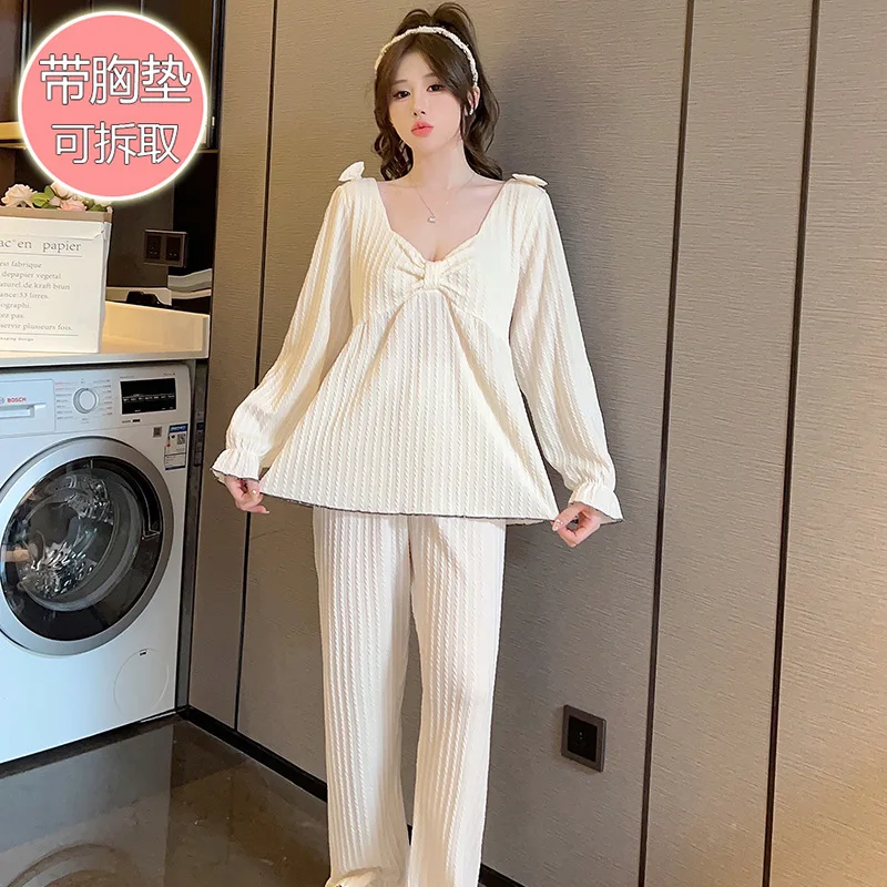 M-5XL PLUS ขนาดฤดูใบไม้ผลิฤดูใบไม้ร่วงชุดนอนชุดสตรีผ้าฝ้ายแขนยาว 2 ชิ้นชุด Elegance Bra ฟรีหลวม Homewear ชุด