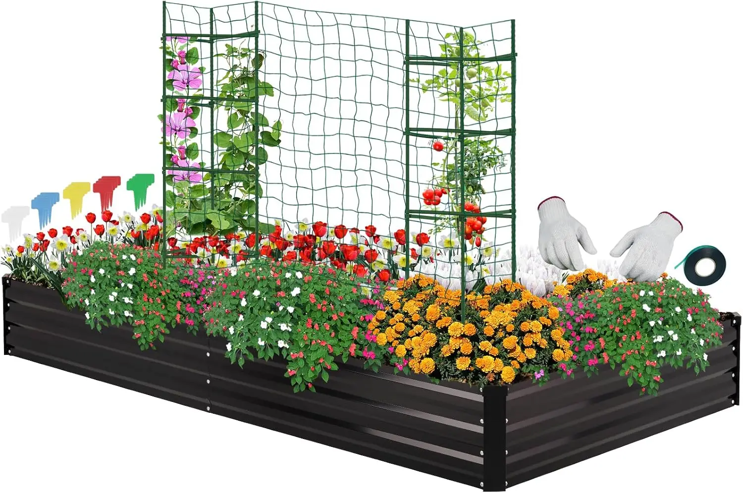 

Galvanized Raised Garden Bed 8x4x1FT with Tomato Cage, Gloves, Trellis, Plant Labels & Ties
