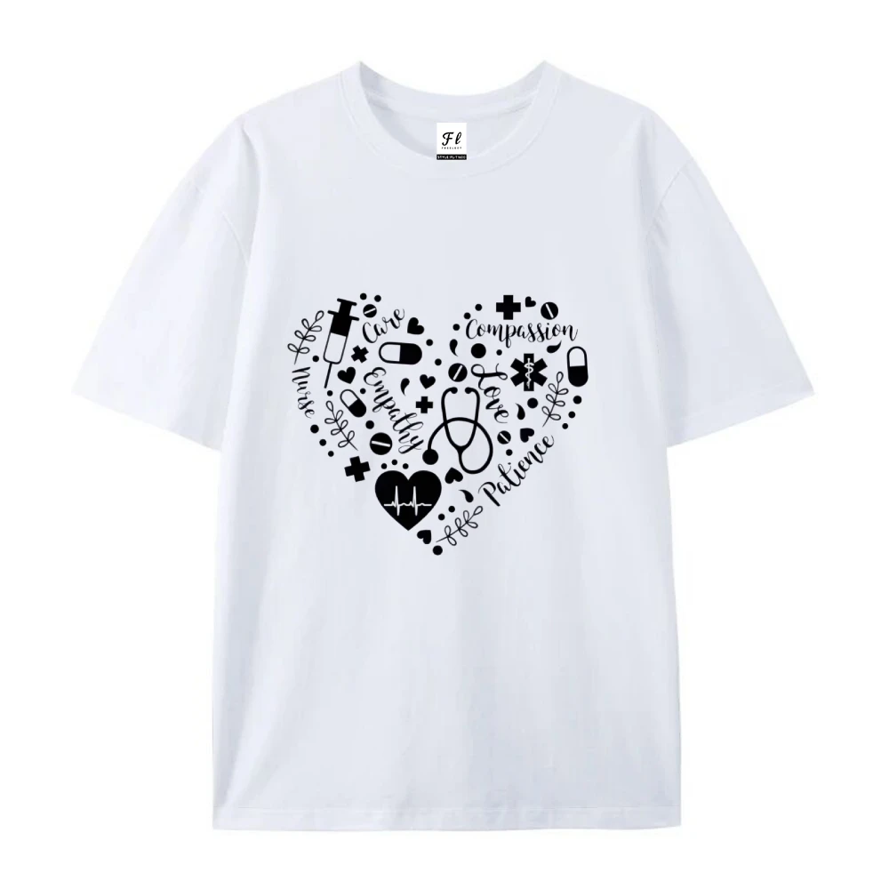 Camiseta con gráfico de corazón de compasión de paciencia de cura con cosas médicas, Camiseta de algodón con tema médico, ropa informal diaria de verano para hombres