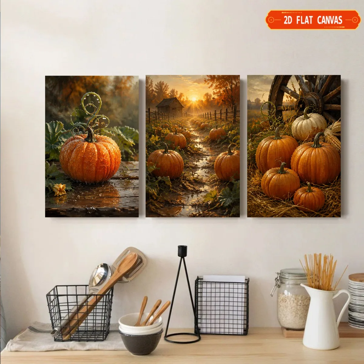 Frameless [2D Flat] 3pcs Fall Pumpkin Farm Canvas Wall Art, Autumn Sunset Country Road Barn Maple Leaf Oil Painting, Harvest