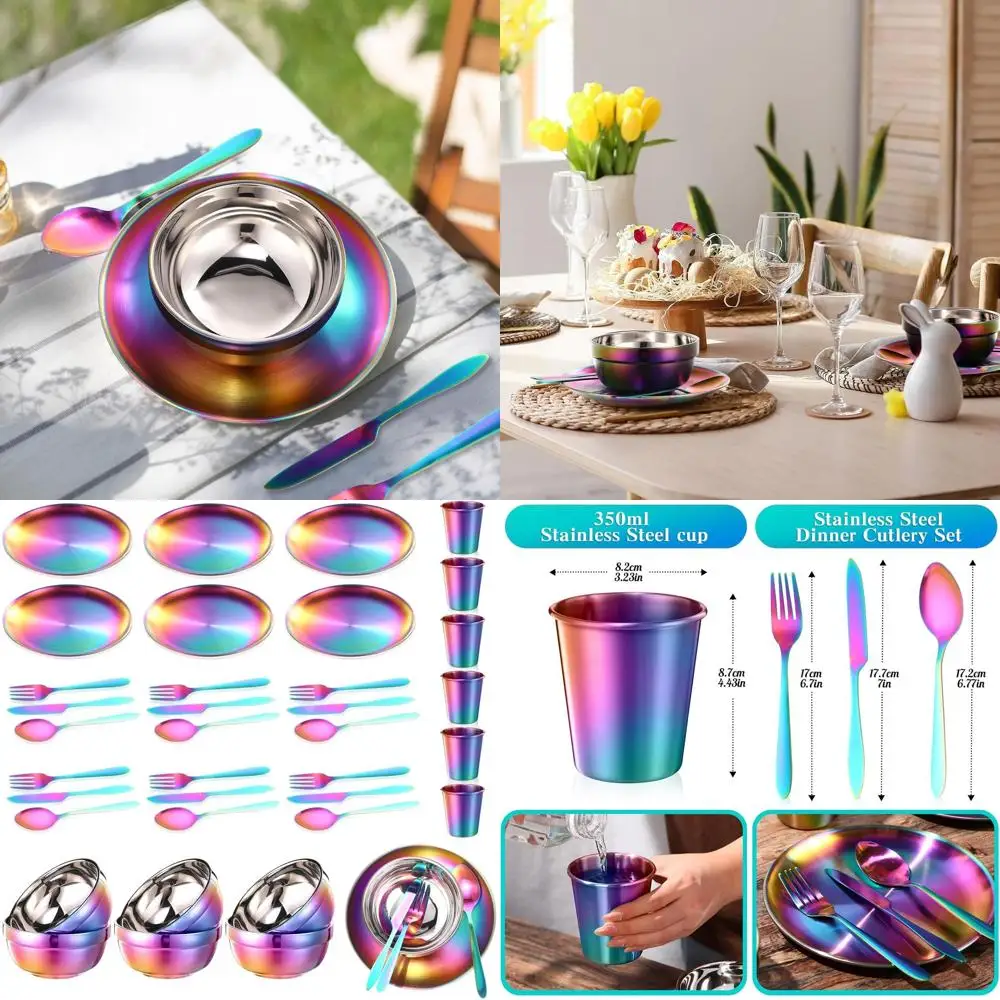 

Набор походной посуды из нержавеющей стали из 36 предметов: 6 тарелок, мисок, чашек, ложек, вилок, ножей в радужных цветах для активного отдыха на природе