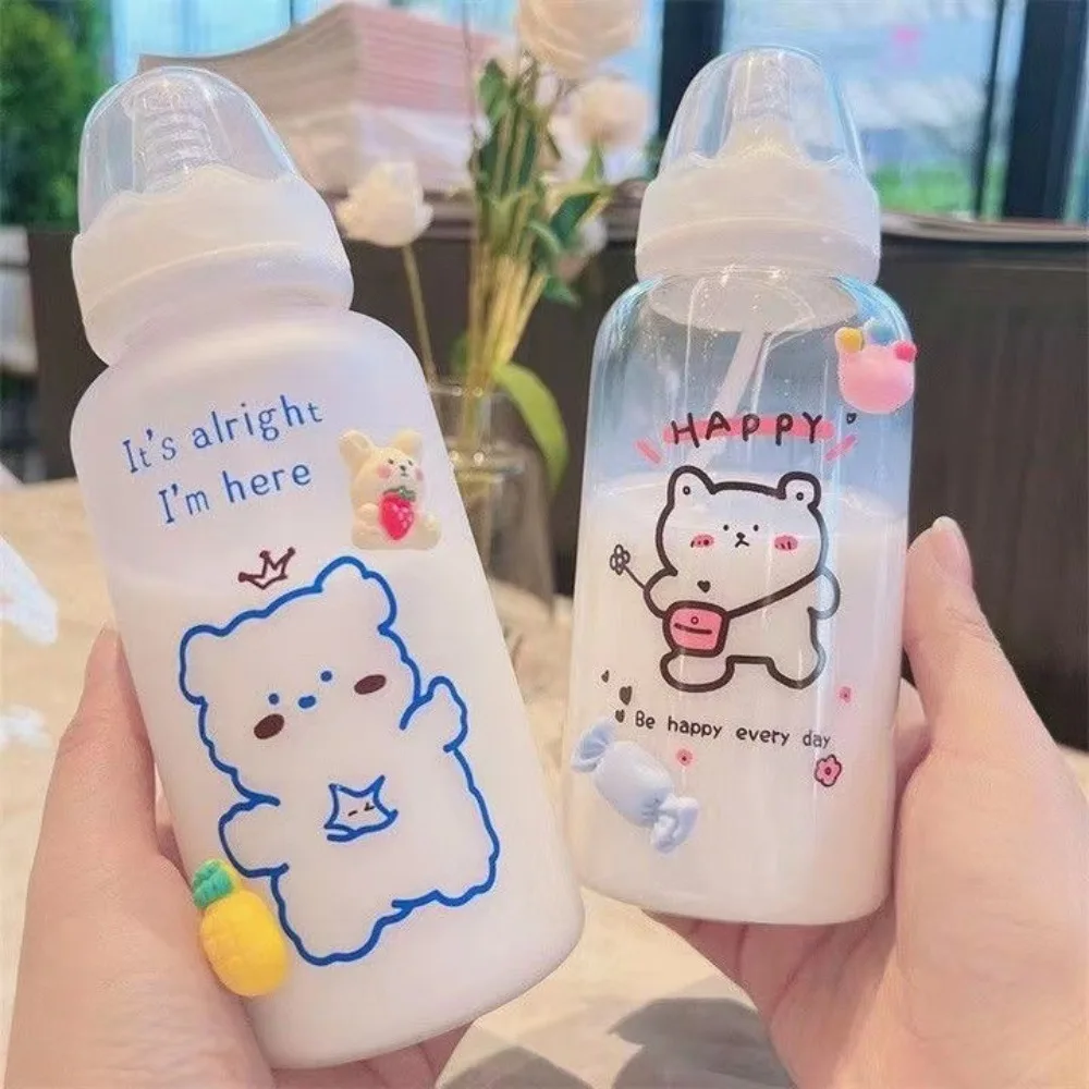 400ml Cute Strawberry Bear Water Bottle 400ml Portable Straw Cup Leakproof Frosted Transparent Cup Girls Adult