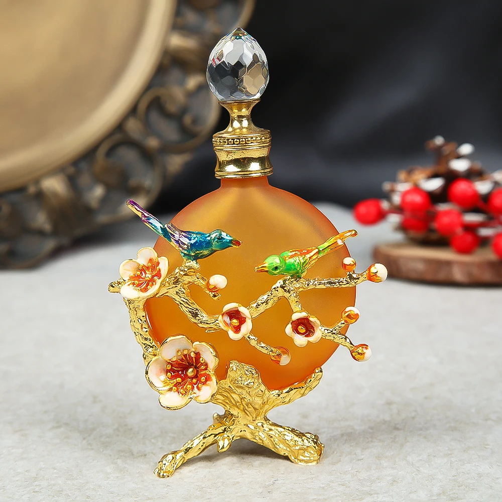 Vintage Perfume Bottle 30ML/1oz Yellow Glass 3D Enamel Birds Flower Branch Pattern Clear Crystal Cap European Court Old Chinese