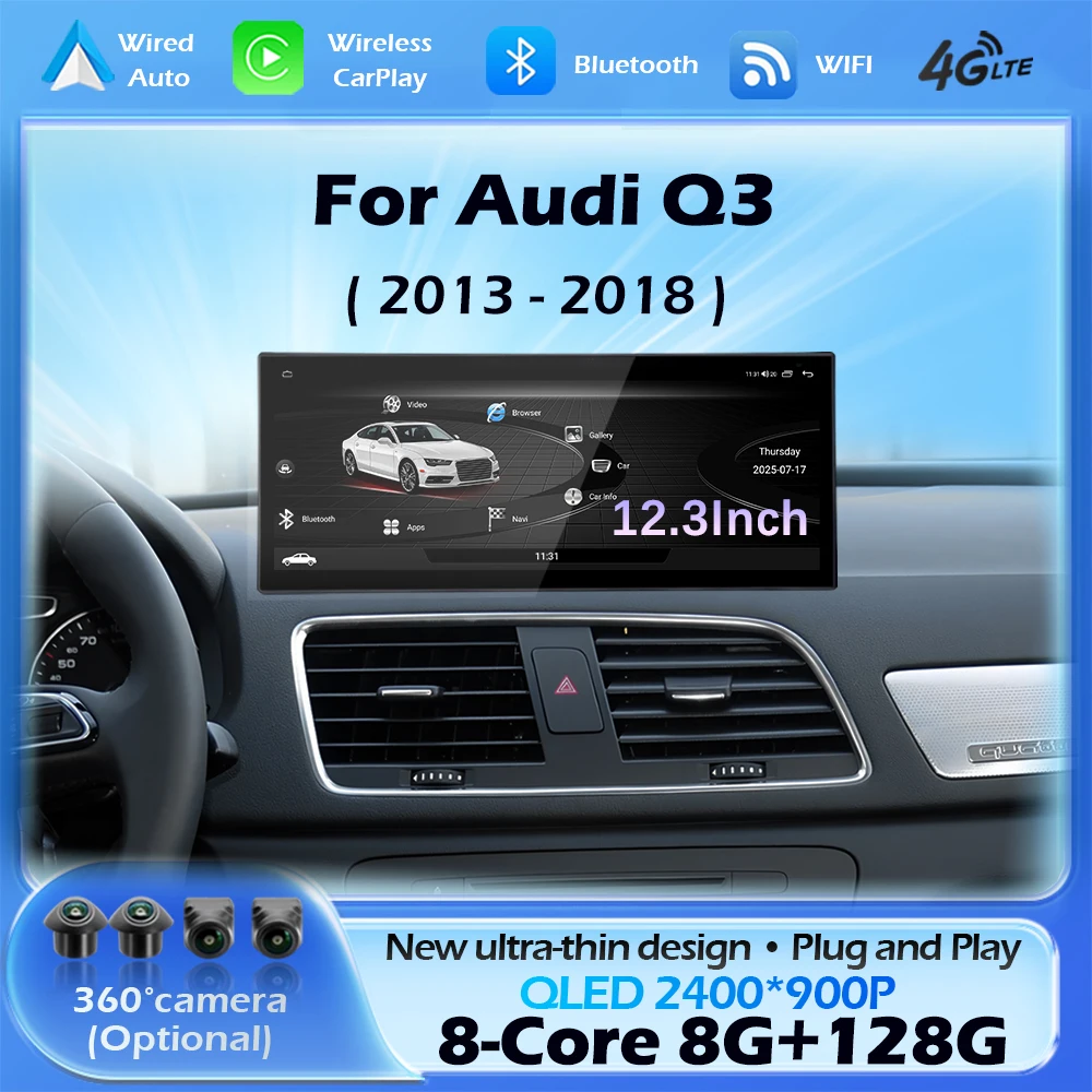 Car Multimedia Radio For Audi Q3 2013-2018 Wireless CarPlay Android 16 Navigation GPS WIFI Wired Auto DSP 12.3 inch Touch Screen