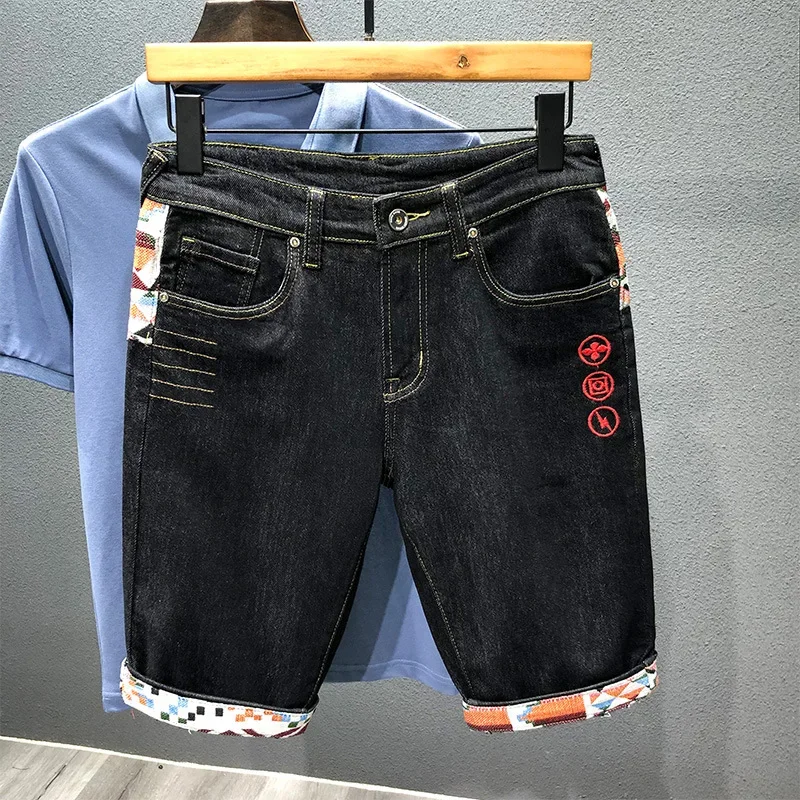 Summer New Denim Shorts Men's Stitching Embroidery Ripped Knee-length Shorts White Black Retro Blue Fashion High Quality Jeans