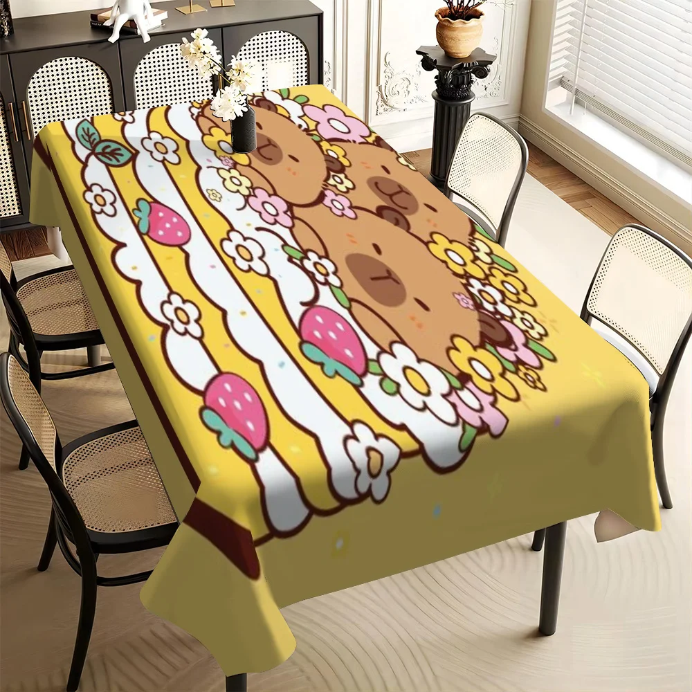 Kawaii Capybara Tablecloth, Lovely Cartoon Capybara Strawberry Floral Print Table Cover for Dining Table, Kitchen and Home Party