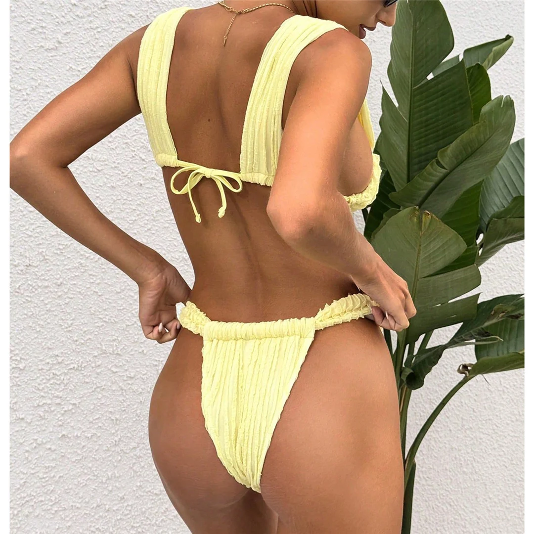 S - XL, geraffter, hoch geschnittener Bikini mit Rüschen, Damen-Badeanzug, zweiteiliges Bikini-Set, Damen-Badebekleidung, Badeanzug, Badebekleidung, Schwimmkleidung V6950 – Detail 7