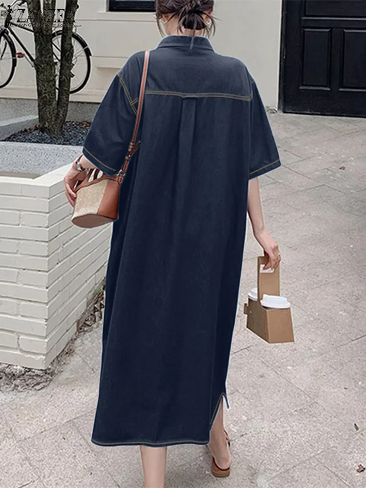 2024 ZANZEA Summer Denim Blue Shirt Dress Oversize Women Elegant Button Down Midi Vestidos Short Sleeve Lapel Neck Sundress Robe