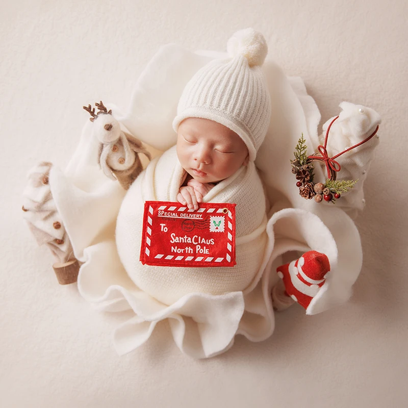 Christmas Newborn Photo Props Knitted Wool Hat Wrap Set Felt Cloth Bouquet Shape Baby Posing Props Doll Ornament Keepsake Gift