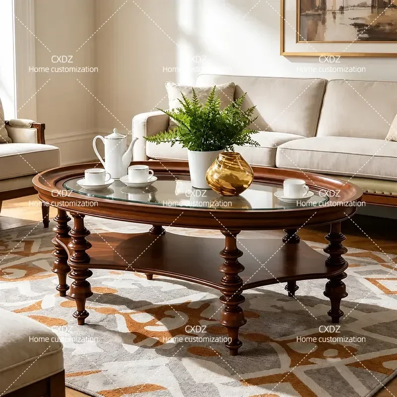 Solid Wood Oval Coffee Table with Tempered Glass Top Modern Simple Retro Design for Living Room Balcony Tea Table Furniture