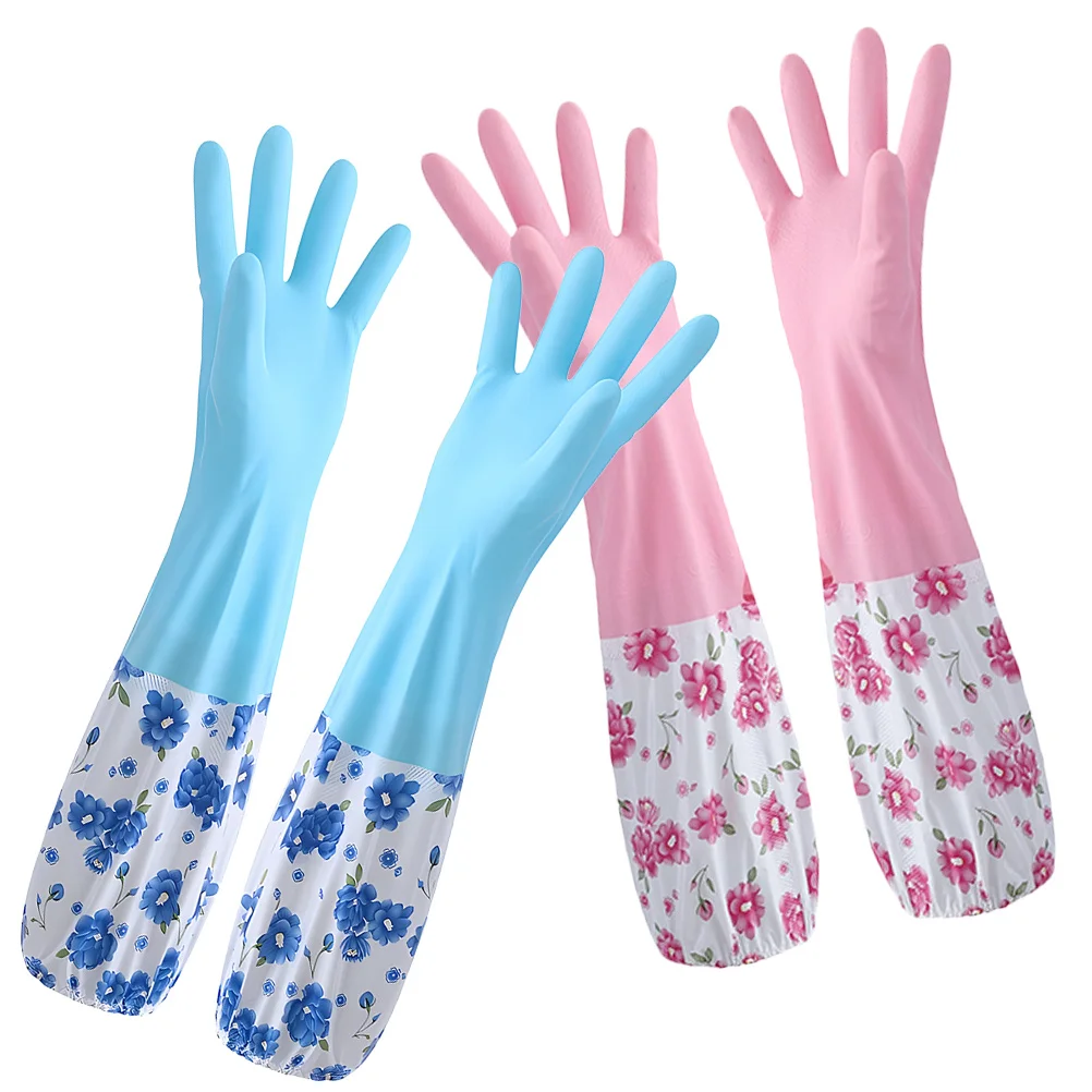 

2pcs Warm Fleece Lined Dishwashing Long Cuff Reusable Cleaning Gloves For Kitchen Household Washing Dishes Bowl Large Size