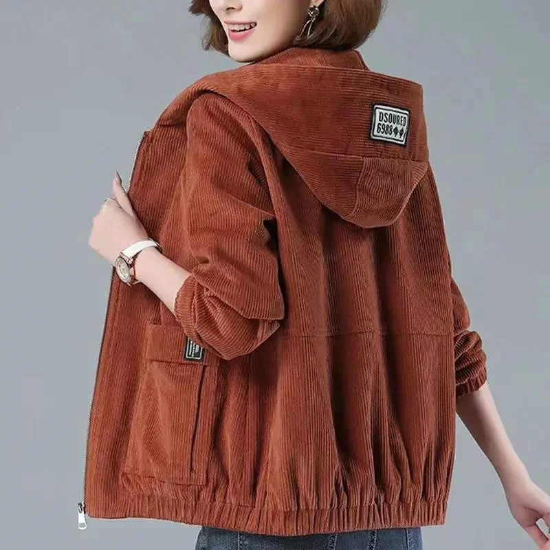 In Long Corduroy Jacket Female Loose During The Spring And Autumn In 2024 Middle-aged Mother Fashion Hooded Casual Wear Coat