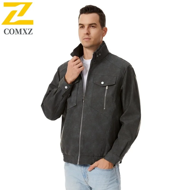 الرجال الكورية نمط السائق سترة الوقوف طوق بولي معطف معطف معطف جلد مقاوم للماء يندبروف المتضخم الشارع الشهير دراجة نارية ملابس خارجية #1