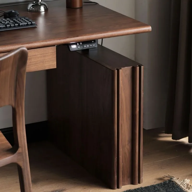 All solid wood intelligent electric lifting table study storage table home office learning black walnut lifting computer desk