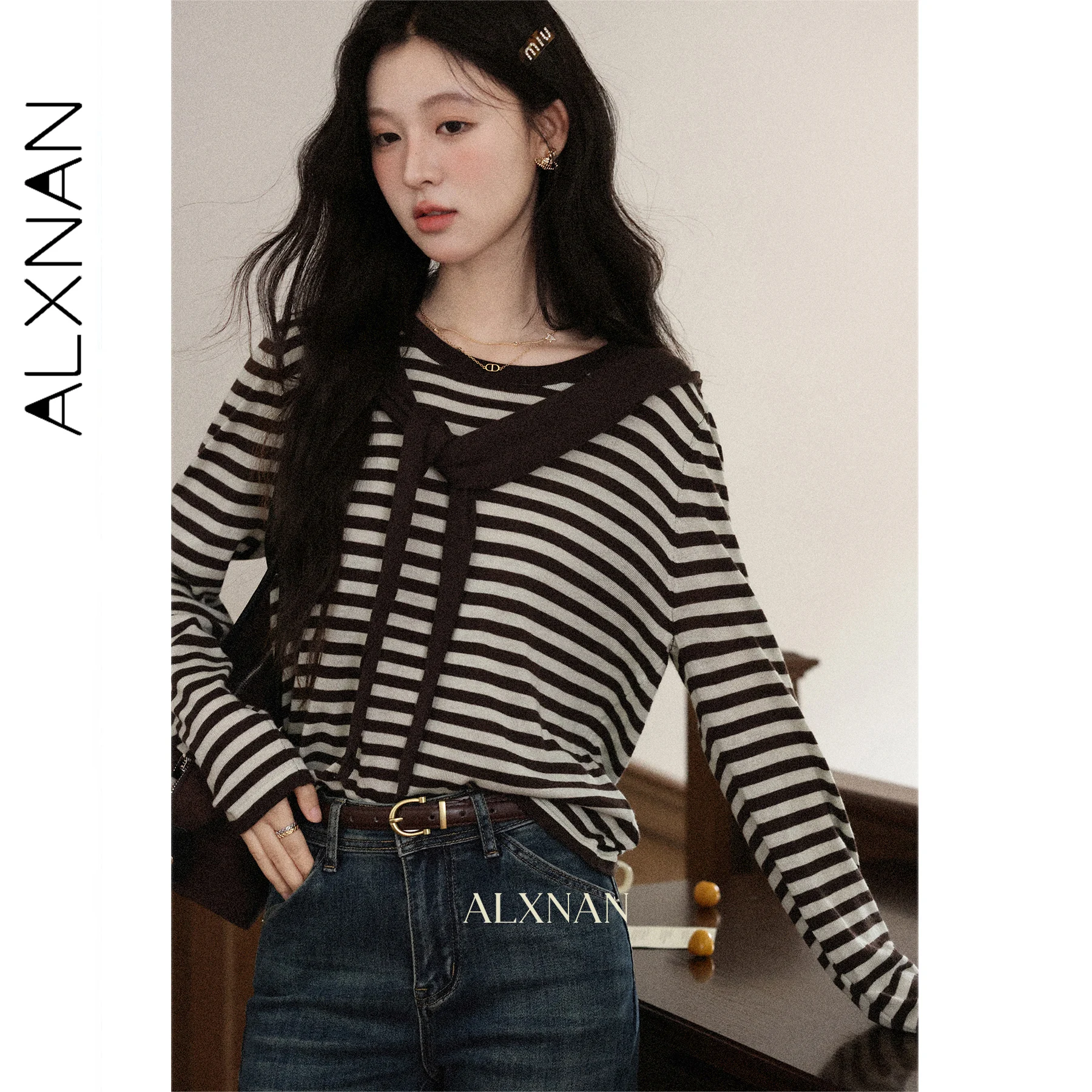 

ALXNAN вязаный свитер с длинными рукавами в полоску с цветными блоками, новинка 2025, осенняя шаль для пригородных поездок, ложный топ из двух предметов, женская одежда L57169