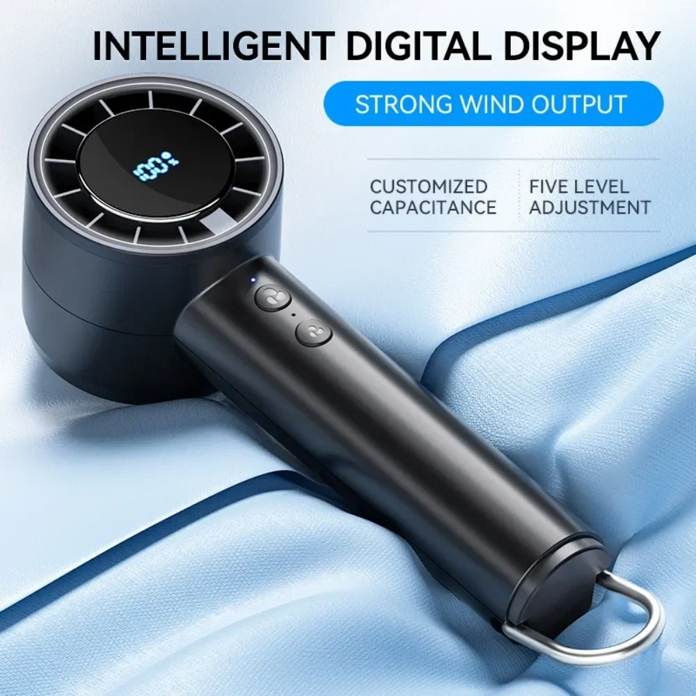 USB Rechargeable High-speed Fan Handheld Mini Turbo Fan with Hook and LED Digital Display 5-speeds Wind Adjustable Portable Fan