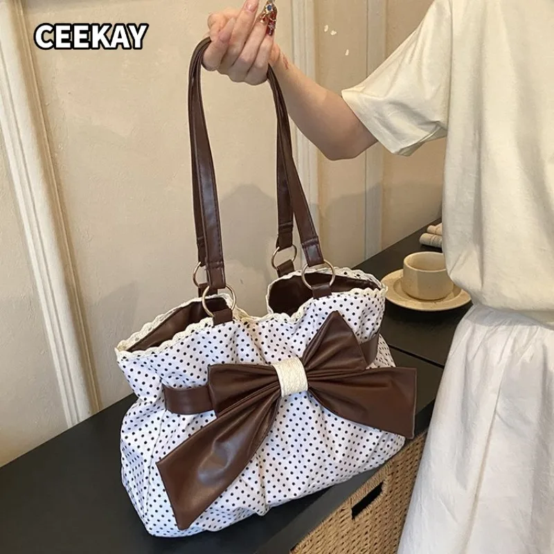 CEEKAY Women's Tote Bag White Polka Dot Canvas Large Bow Detail Shoulder Handbag Zipper Daily Commute Casual Fashion image 6