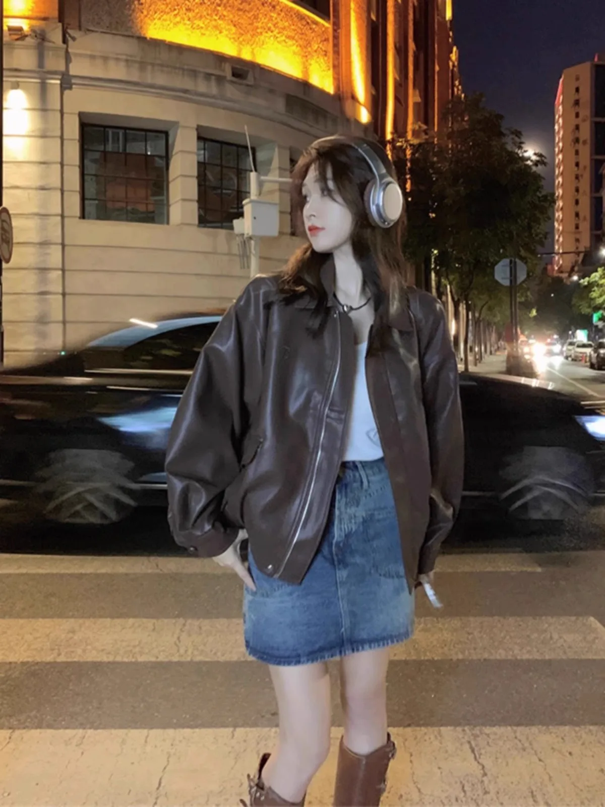 Cuir marron Jaet femmes printemps automne Version coréenne 2025 nouveau Cool fille moto ample Long Sve Jaet haut